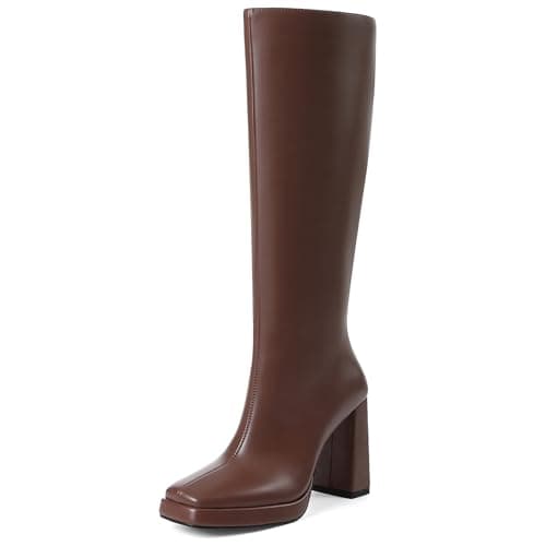 Mikarka Knee High Boots for Women：Block High Heel Vegan Leather Heeled Platform Boots - Side Zip Square Toe Long Fall Boots