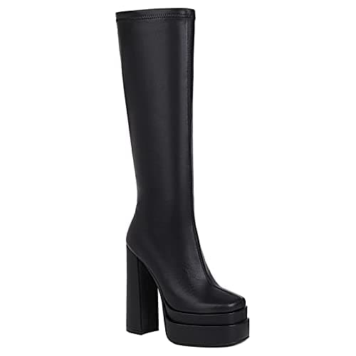 VOMIRA Women's Black Platform Zip Go Go Boots with Square Toe Heel