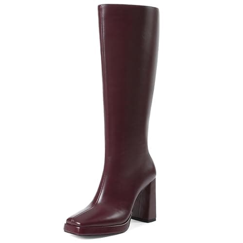 Mikarka Knee High Boots for Women：Block High Heel Vegan Leather Heeled Platform Boots - Side Zip Square Toe Long Fall Boots