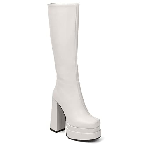 VOMIRA Women's Black Platform Zip Go Go Boots with Square Toe Heel
