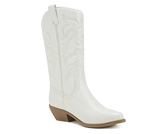 Reno-S Women's White/Beige Pointy Toe Knee High Cowboy Boots