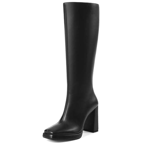 Mikarka Knee High Boots for Women：Block High Heel Vegan Leather Heeled Platform Boots - Side Zip Square Toe Long Fall Boots