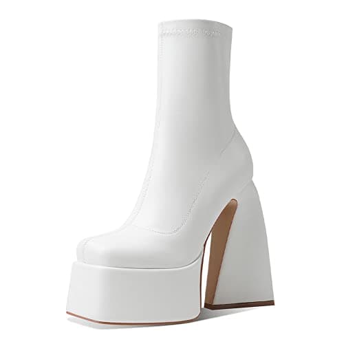 Woman Mid Calf Square Toe Chunky Heel Zipper Booties