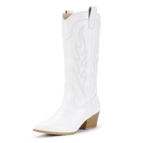 IDIFU IN2 Women's Cowboy and Cowgirl Boots with Embroidery - Mid Calf, Chunky Low Heel, Pointed Toe, Perfect for Fashion and Weddings