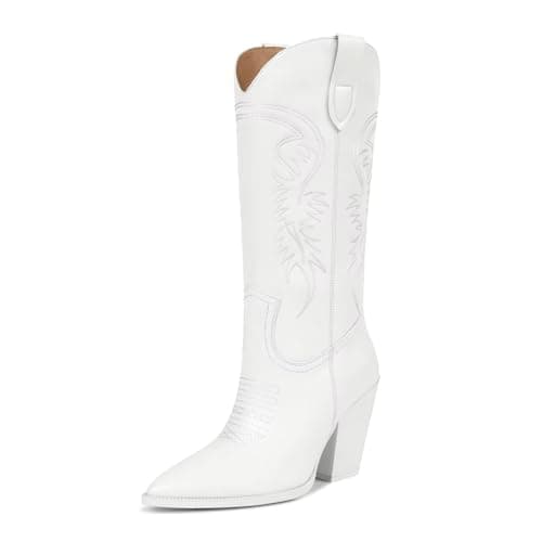 ISNOM Women's Pointed Toe Chunky Heel Cowboy Boots