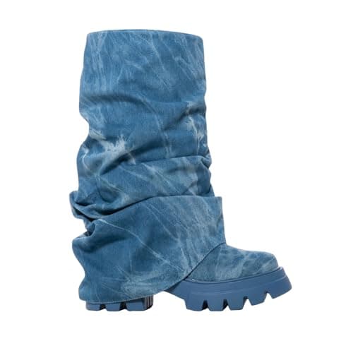 DETOGNI Women's Metallic Mid-Calf Pull-On Chunky Platform Booties