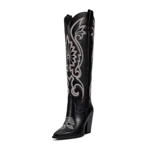 ISNOM Women's Cowboy Knee High Embroidered Pointed Toe Boots