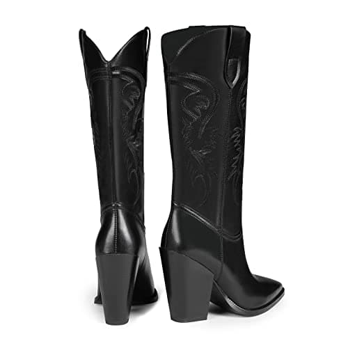 ISNOM Women's Pointed Toe Chunky Heel Cowboy Boots