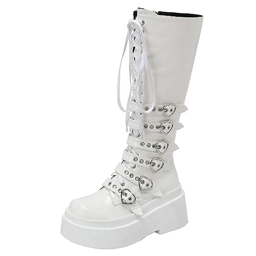 Parisuit Women's Gothic Knee High Lace-Up Buckle Boots Chunky Heel