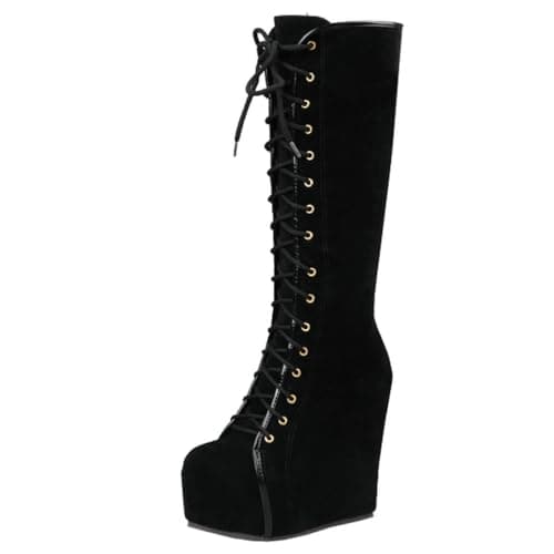Parisuit Women's Gothic Knee High Lace-Up Buckle Boots Chunky Heel