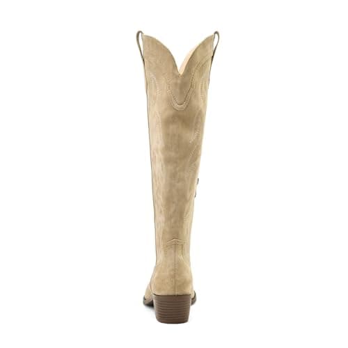 Eurouram Women's Knee High Cowboy Boots - Embroidered Pointed Toe, Wide Calf Heel