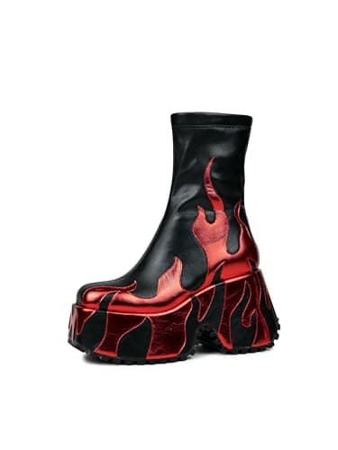 HiColor Women's Red Flame Print Zipper Heeled Boots - Casual Halloween Cosplay