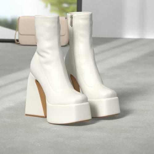 Woman Mid Calf Square Toe Chunky Heel Zipper Booties