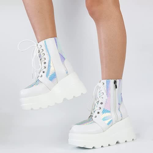 UOQAPRE Women's High Heel Combat Boots Square Toe Lace-Up Ankle Booties