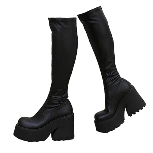 UOQAPRE Women's Winter Punk Chunky Mid-Calf Booties Heel Side Zip Rounds Toe