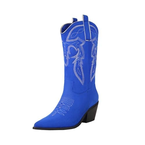 Reitoye Women's Embroidered Western Cowboy Mid Calf Boot with Chunky Heel