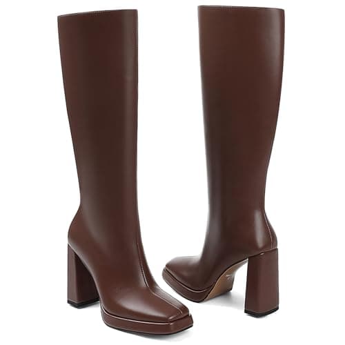 Mikarka Knee High Boots for Women：Block High Heel Vegan Leather Heeled Platform Boots - Side Zip Square Toe Long Fall Boots
