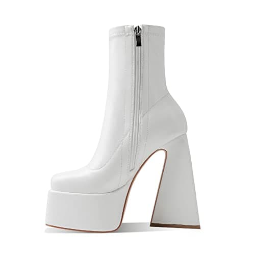 Woman Mid Calf Square Toe Chunky Heel Zipper Booties