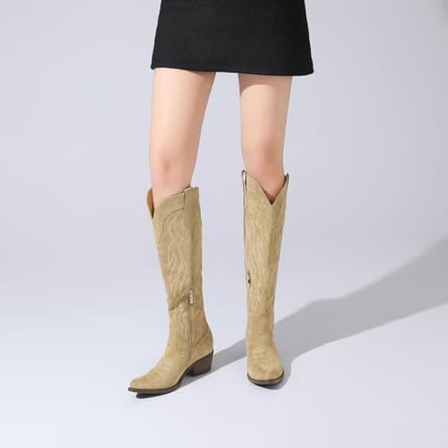 Eurouram Women's Knee High Cowboy Boots - Embroidered Pointed Toe, Wide Calf Heel