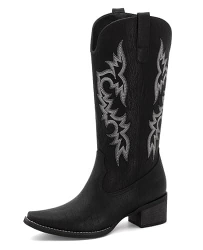 MISSMILLER Women's Embroidered Cowboy Boots with Chunky Heel Mid Calf