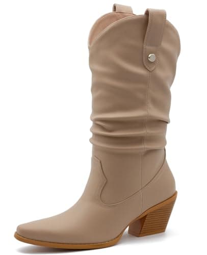 MISSMILLER Women's Embroidered Cowboy Boots with Chunky Heel Mid Calf