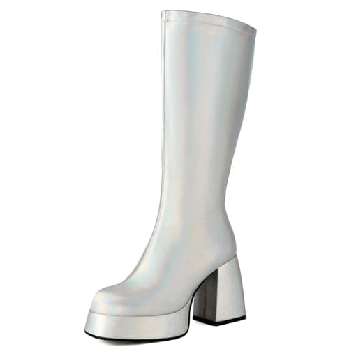 Roimaash Women's Mid-Calf Metallic Patent Platform Boots