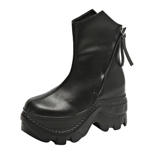 UOQAPRE Women's High Heel Combat Boots Square Toe Lace-Up Ankle Booties