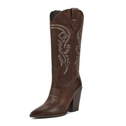 ISNOM Women's Pointed Toe Chunky Heel Cowboy Boots