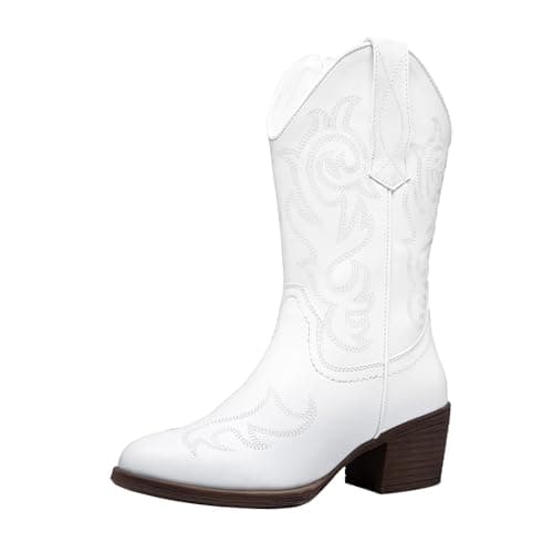 Vepose Women's Cowboy Mid Calf Embroidered Boot with Zipper