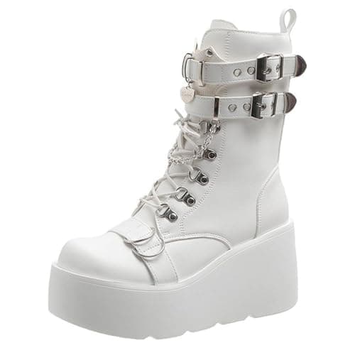 UOQAPRE Women's High Heel Combat Boots Square Toe Lace-Up Ankle Booties