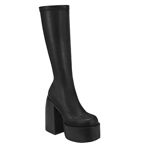 VOMIRA Women's Chunky Heel Square Toe Side Zipper Stretch Pu Leather GoGo Boots
