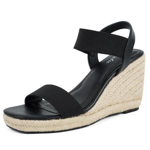 Putu Women's Square Toe Espadrille Platform Wedges with Elastic Ankle Strap