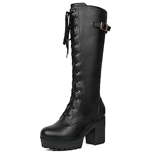Parisuit Women's Gothic Knee High Lace-Up Buckle Boots Chunky Heel