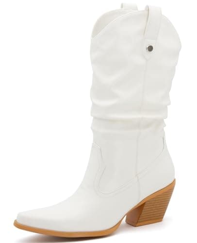 MISSMILLER Women's Embroidered Cowboy Boots with Chunky Heel Mid Calf