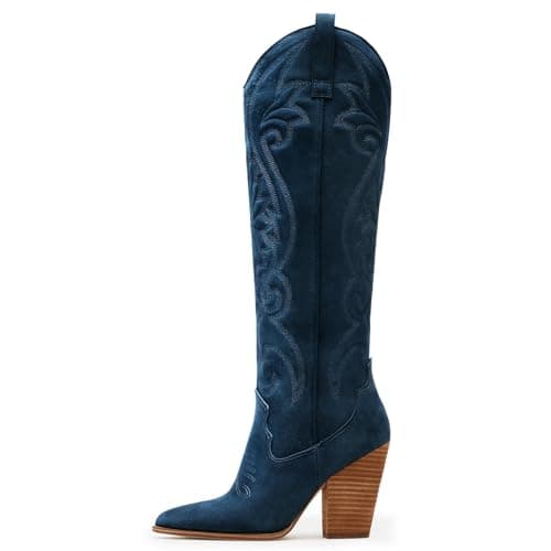 WIRALOMI Women's Embroidered Knee High Cowboy Boots