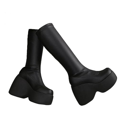 UOQAPRE Women's Winter Punk Chunky Mid-Calf Booties Heel Side Zip Rounds Toe