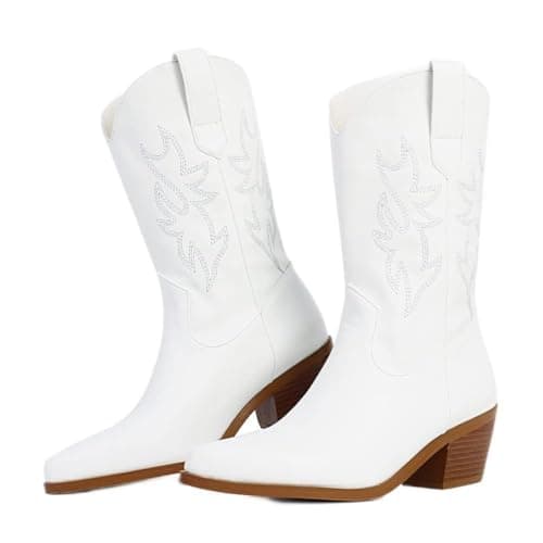 Vimisaoi Women's Retro Embroidered Mid Calf Cowboy Boots