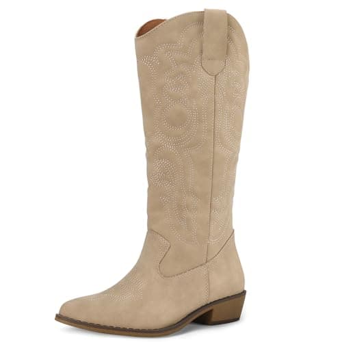 Mysoft Women's Cowboy Boots - Embroidered Knee High Pointed Toe Heel