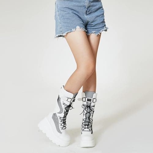 Tscoyuki Womens Goth Platform Boots Chunky Wedge Heel Rave Combat Boots Lace Up and Zipper Round Toe Mid Calf Boot for Concert Festival Style Trends