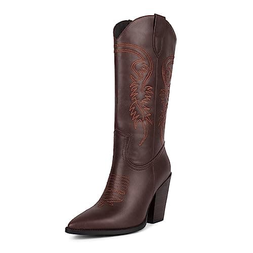ISNOM Women's Pointed Toe Chunky Heel Cowboy Boots