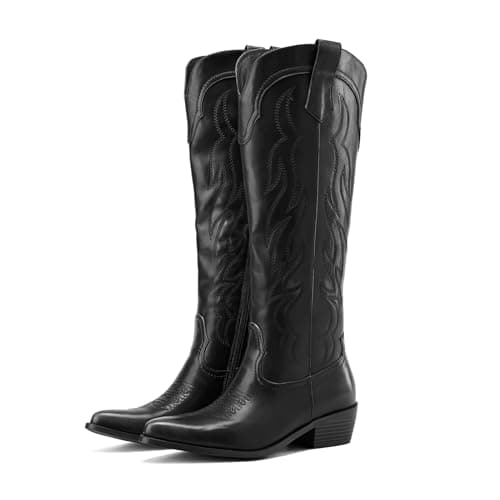 Eurouram Women's Knee High Cowboy Boots - Embroidered Pointed Toe, Wide Calf Heel