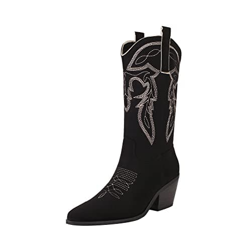 Reitoye Women's Embroidered Western Cowboy Mid Calf Boot with Chunky Heel