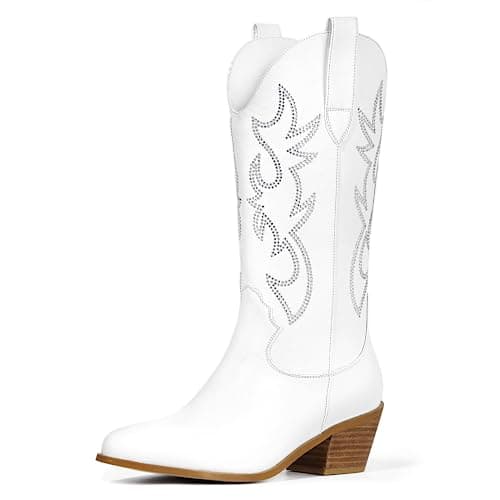 Ouepiano Women's Western Cowgirl Embroidered Boots, Mid Calf Pointed Toe Chunky Heel Pull-On Boots for Ladies