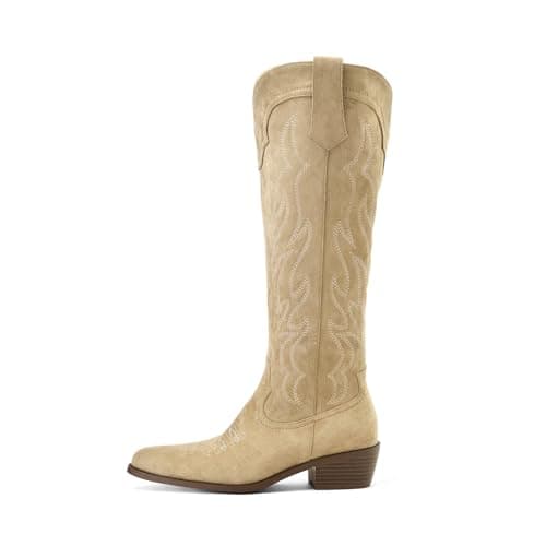 Eurouram Women's Knee High Cowboy Boots - Embroidered Pointed Toe, Wide Calf Heel