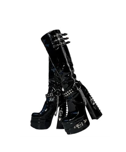 Frankie Hsu Gothic Chunky Platform Boots, Black Patent Silver Chain Buckles