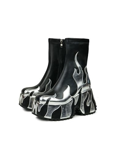 HiColor Women's Red Flame Print Zipper Heeled Boots - Casual Halloween Cosplay