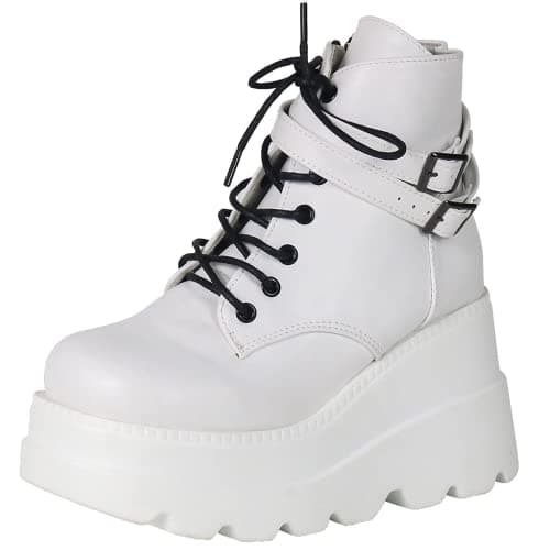 UOQAPRE Women's High Heel Combat Boots Square Toe Lace-Up Ankle Booties