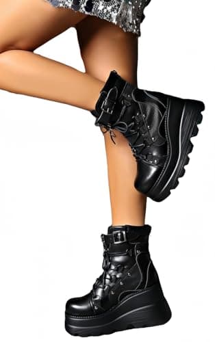 MACVISE Womens Gothy Platform Boots Chunky Heel Booties for Women Round Toe Combat Ankle Boots Lace Up Motorcycle Wedges Shoes