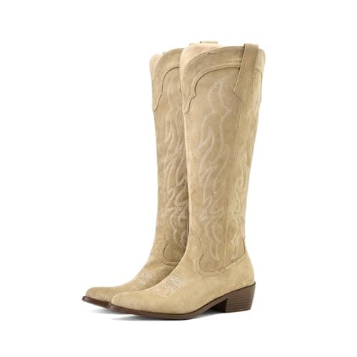 Eurouram Women's Knee High Cowboy Boots - Embroidered Pointed Toe, Wide Calf Heel