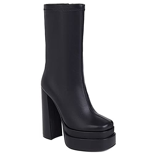 VOMIRA Women's Black Platform Zip Go Go Boots with Square Toe Heel